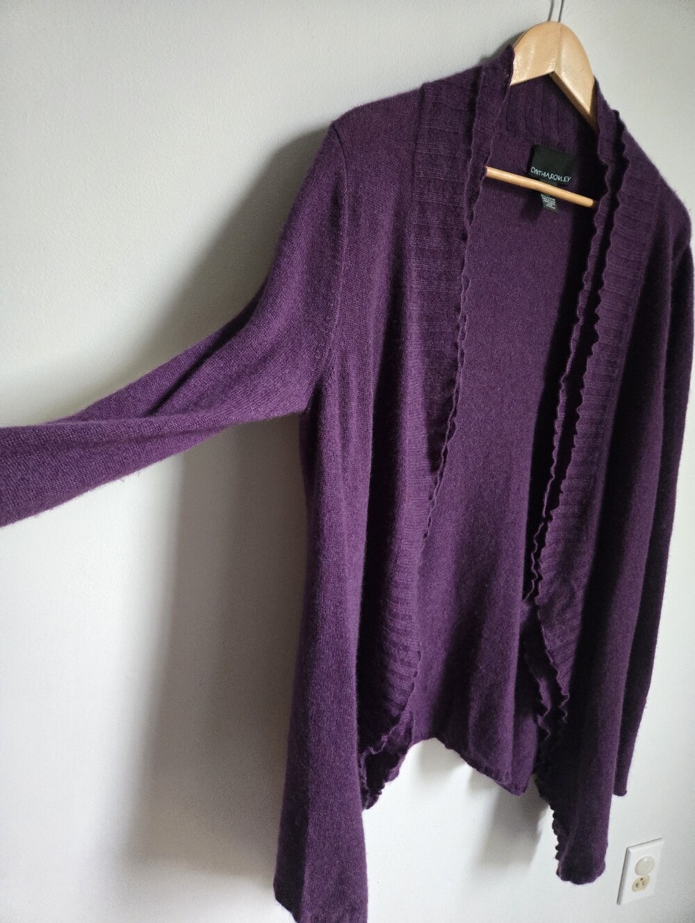 CYNTHIA ROWLEY Deep Purple Ruffle-Trim Cashmere Open Cardigan - Picture 3 of 8